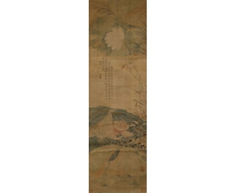 XIAO NONG (LATE QING DYNASTY) KINGFISHER AND LOTUS A Chinese scroll painting, ink and colour on silk, inscribed and signed, d