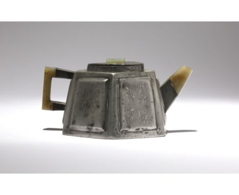 A CHINESE PEWTER-ENCASED YIXING HEXAGONAL-SECTION TEAPOT AND COVER QING DYNASTY Decorated with calligraphy to four sides, the