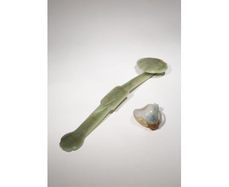 A LARGE CHINESE CELADON JADE RUYI SCEPTRE AND A BRUSH WASHER 20TH CENTURY The sceptre carved in low relief with figures in la