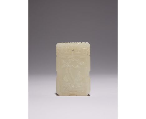 A CHINESE PALE CELADON JADE 'ZI GANG' RECTANGULAR PENDANT QING DYNASTY The plaque carved in low relief to one side with a gen