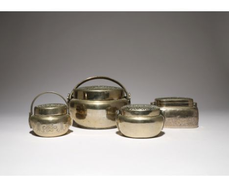 FOUR CHINESE BAITONG HAND WARMERS AND COVERS QING DYNASTY One with a rectangular-section body incised with a continuous flora