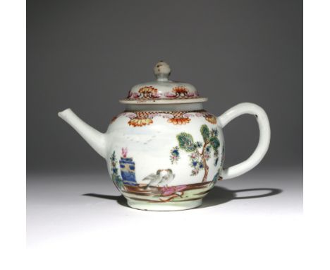 A CHINESE FAMILLE ROSE TEAPOT AND COVER 18TH CENTURY Decorated with the Valentine pattern, finely painted to each side with a