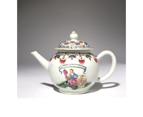 A CHINESE FAMILLE ROSE ARMORIAL TEAPOT AND COVER FOR THE DUTCH MARKET C.1745 Probably decorated with the Rolandus arms, paint