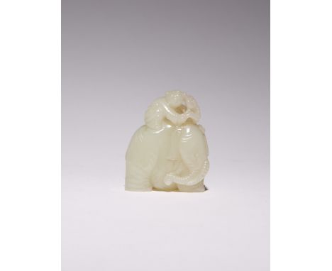 A CHINESE PALE CELADON JADE CARVING OF AN ELEPHANT QING DYNASTY OR LATER Formed as a small boy holding a branch of lingzhi, h