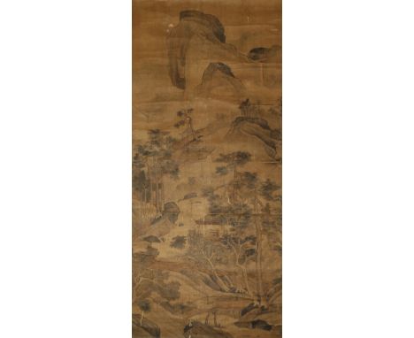 ANONYMOUS (18TH CENTURY) LANDSCAPE A Chinese scroll painting, ink and colour on silk, the title-slip reads wu kuan shan shui,