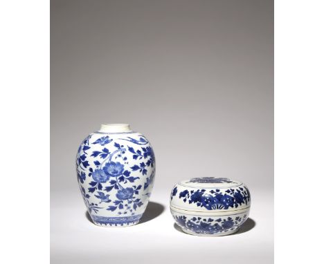 A CHINESE BLUE AND WHITE OVOID VASE AND A CIRCULAR BOX AND COVER KANGXI 1662-1722 The vase painted with birds in flight amids