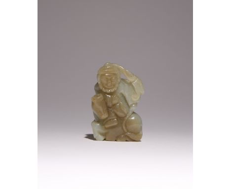 A CHINESE CELADON JADE CARVING OF A FIGURE RIDING A HORSE QING DYNASTY The horse depicted reclining with a bearded figure sea