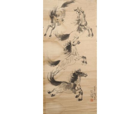 AFTER XU BEIHONG (20TH CENTURY) GALLOPING HORSES A Chinese scroll painting, ink on paper, dated early winter of the dinghai y