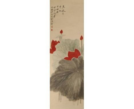 AFTER ZHANG DAQIAN (20TH CENTURY) LOTUS A Chinese scroll painting, ink and colour on paper, inscribed, dated September of the