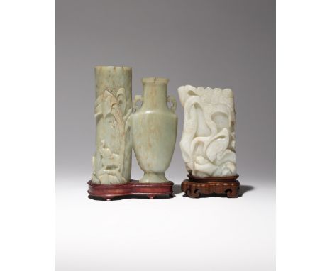 A CHINESE CELADON JADE CONJOINED VASE AND A WHITE JADE BRUSH HOLDER LATE QING DYNASTY/REPUBLIC PERIOD The conjoined vase carv