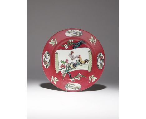 A SAMSON FAMILLE ROSE RUBY-GROUND 'COCKERELS' DISH 19TH CENTURY Painted with a handscroll depicting two cockerels, with a pru