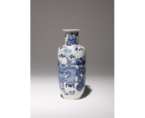 A CHINESE BLUE AND WHITE 'HUNDRED ANTIQUES' ROULEAU VASE 19TH CENTURY The tall cylindrical body painted with many precious ob