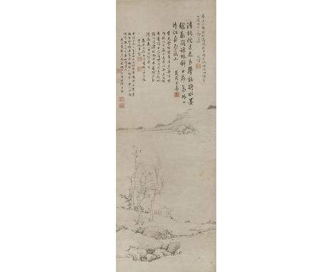 AFTER NI ZAN (20TH CENTURY) RIVER LANDSCAPE A Chinese scroll painting, ink on paper, inscribed by four artists, with six arti
