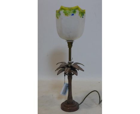 A contemporary bronzed table lamp in the form of a palm tree, with glass shade, H.51cm 