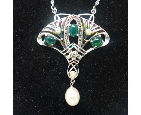A sterling silver and plique a jour enamel necklace in the Art Nouveau style set with cabochon green agate, pearls and marcas