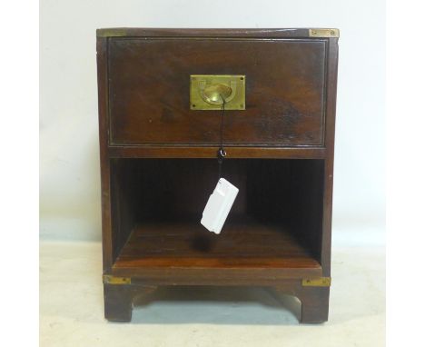 A 20th century Campaign style brass bound mahogany lamp table, with single drawer raised on bracket feet, H.53 W.41 D.42cm 