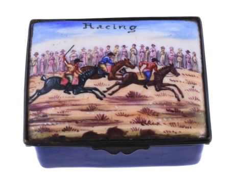  An enamel rectangular table snuff box,   Continental late 19th century, the cover painted with a horse race scene titled   R