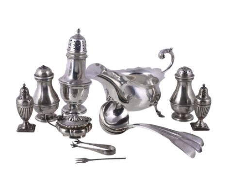  A collection of silver items,   to include: a shaped oval sauce boat by Walker  &  Hall, Sheffield 1913, with a leaf capped 