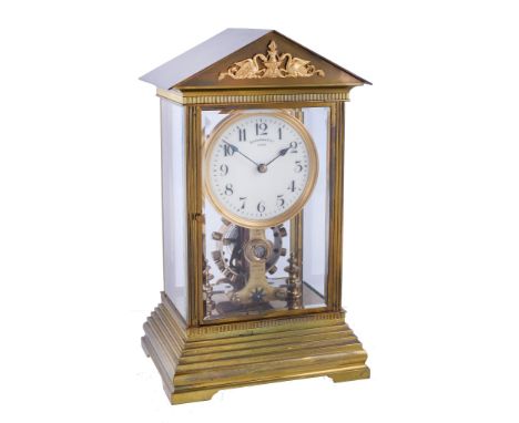  A lacquered brass four-glass cased electromagnetic balance mantel timepiece Eureka Clock Company Limited, early 20th century