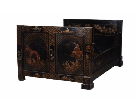  A black lacquered, and parcel gilt decorated bed  , late 19th century, the head and foot boards with reserve panels with ext