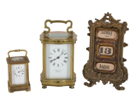  A gilt brass cased miniature carriage clock  , unsigned, early 20th century, with eight-day movement and white enamel Roman 