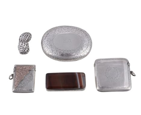  Five various silver boxes,   comprising: a novelty box by Asprey  &  Co. Ltd, London 1967, formed as a peanut, 3.8cm (1 1/2i