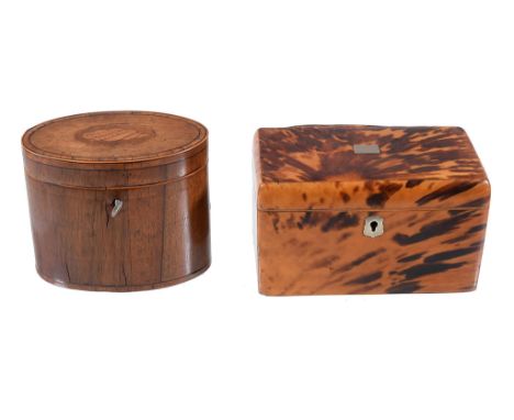 Ω A George IV tortoiseshell veneered tea caddy , circa 1825, of rectangular form, the hinged cover with inset vacant silver c