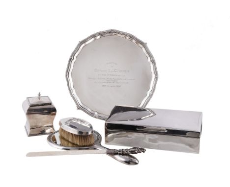 Ω Six silver or silver mounted items, comprising: a square inverted baluster tea caddy by William Henry Sparrow, Birmingham 1