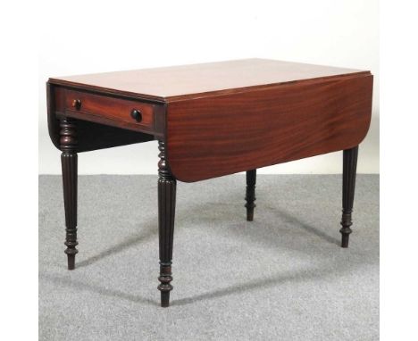 A 19th century mahogany pembroke table, on reeded legs65w x 111d x 73h cm (folded)Overall solid and usable. Drawer opens ok. 