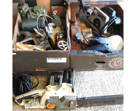 A collection of hand tools, together with a Ryobi electric chainsaw