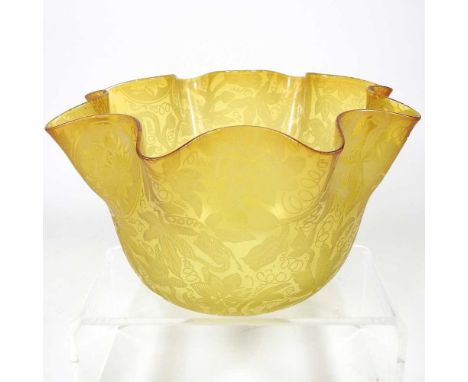 A yellow etched glass oil lamp shade, 11.5cm high