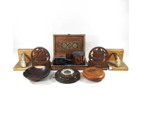 A pair of early 20th century horn mounted ash bookends, together with an aneroid barometer, a pair of folding teak bookends, 
