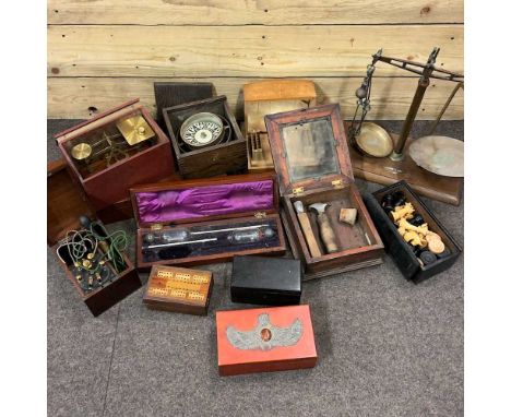 A collection of items to include a saccharometer, in a wooden box, 34cm, a ship's compass, radio, chess set and balance scale