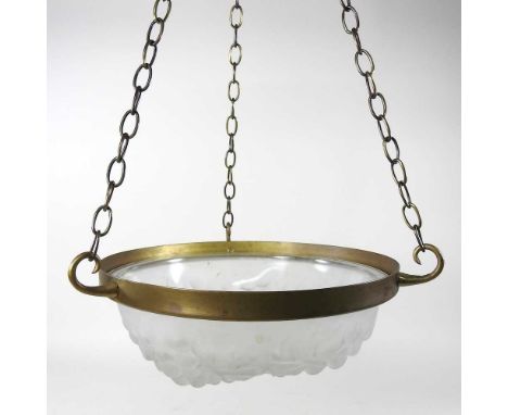 A French Art Deco frosted glass plaffonier, relief moulded with grape vines, signed Degue, with a brass support, wired, 31cm 