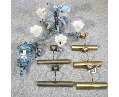 Five various brass picture lights, together with a verdigris wall lantern and chandelier