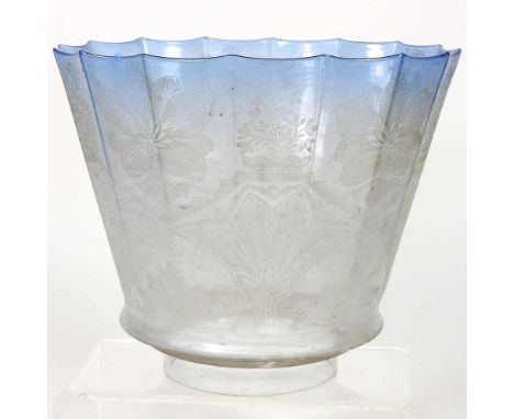A large blue etched glass oil lamp shade, 19cm highVery dirty, with a rough edge to the lip of the aperture on the base.
