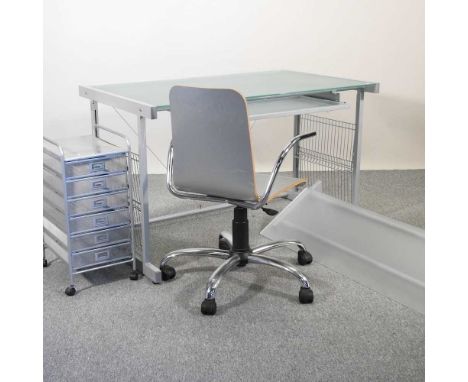 A modern desk, with chair and filing cabinet and wall shelf (4)122w x 77d x 75h cm