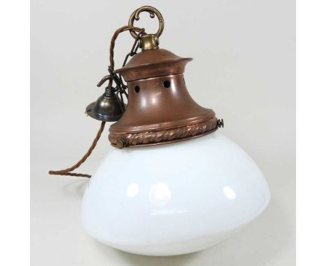 A white opaline glass pendant ceiling light, with a chain and ceiling rose, wired, 32 x 26cm