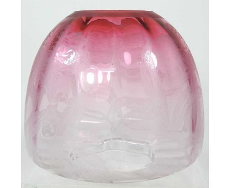 A cranberry glass oil lamp shade, with etched decorationDirty with light surface marks