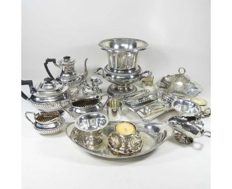 A large silver plated wine cooler, of campana shape, together with a collection of silver plated items, to include a tea serv