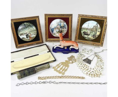 A collection of costume jewellery, to include a cultured pearl and bead necklaces, a staffordshire dog and pictures on porcel