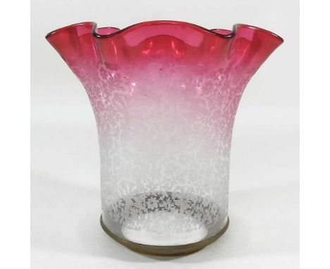 A large glass oil lamp shade, with a frilled ruby coloured rim and brass base, 10cm aperture