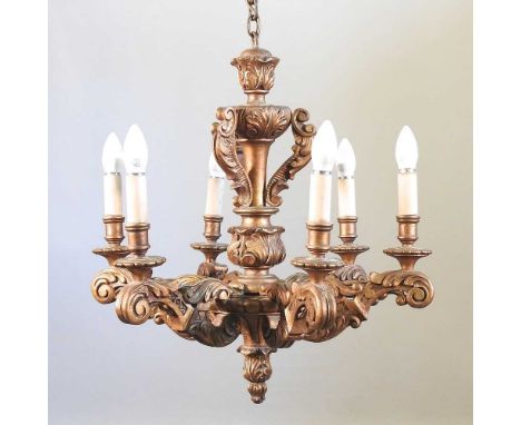 A gilt painted carved six branch ceiling light, 58cm wide