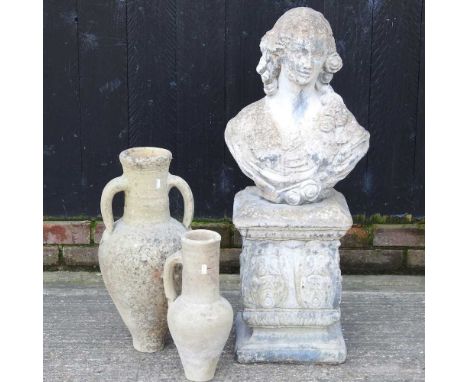 A cast stone garden portrait bust on a pedestal base, together with two urns (3)