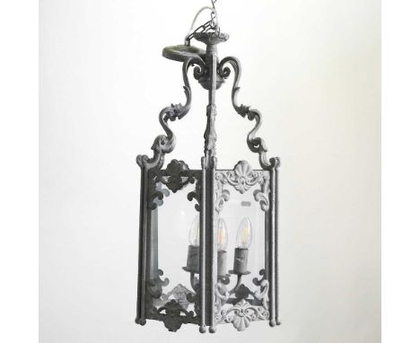 A grey painted metal hanging lantern34w x 65h cm