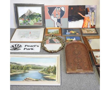 A collection of pictures and prints, to include a landscape, oil, 49 x 75cm, together with a bagatelle board and mirrors