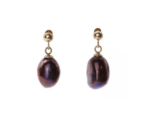 A pair of gold cultured freshwater pearl drop earrings, with a black/peacock cultured freshwater pearl, peg set, to bead, pos