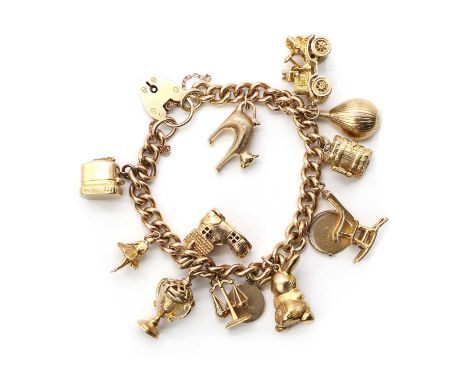 A gold charm bracelet,a 9ct gold curb link bracelet with heart shaped padlock clasp and trace link safety chain, Birmingham 1