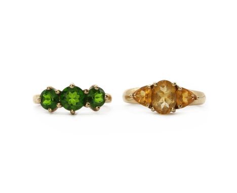 Two 9ct gold rings,comprising a 9ct gold three stone chrome diopside ring, Birmingham 2004, and a 9ct gold three stone citrin