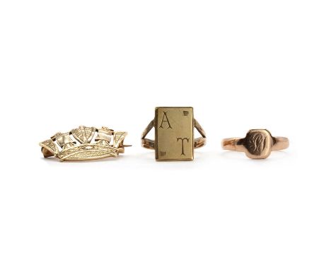 A collection of gold jewellery,comprising a gold signet ring with engraved initials, a gold signet ring possibly later conver